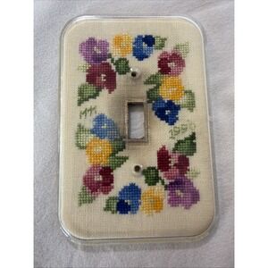 Vtg Finished Cross Stitch Single Toggle Light Switch Cover Floral Completed 1990